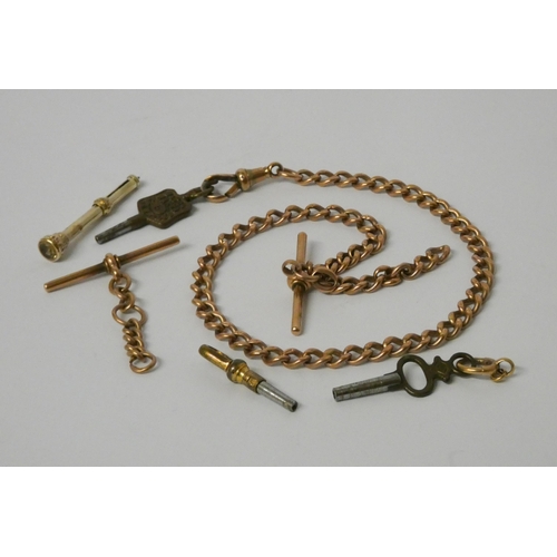 371 - Victorian 9ct rose gold watch albert chain with T-bar fastening, together with miniature gold propel... 