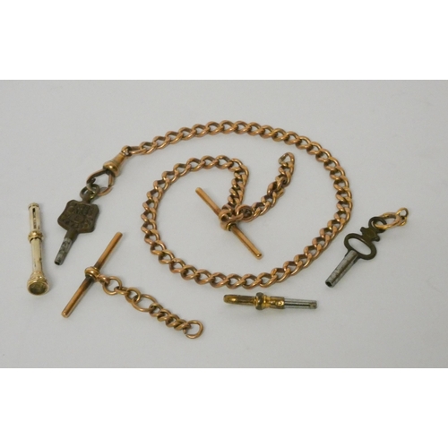 371 - Victorian 9ct rose gold watch albert chain with T-bar fastening, together with miniature gold propel... 