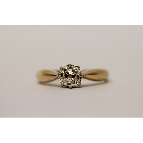 372 - An antique single stone old cut diamond solitaire ring on wide 14ct gold band, ring size Q