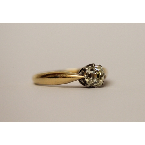 372 - An antique single stone old cut diamond solitaire ring on wide 14ct gold band, ring size Q