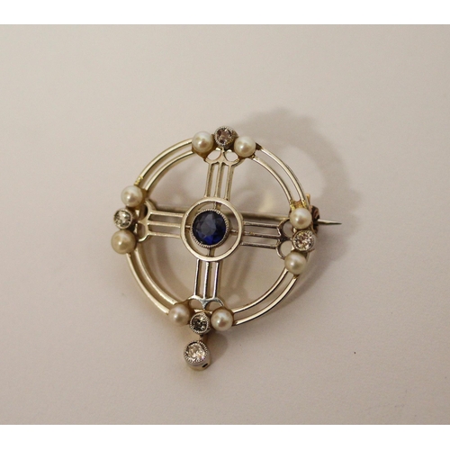 374 - Art Deco sapphire diamond and pearl circular pendant brooch in platinum and gold mount with diamond ... 