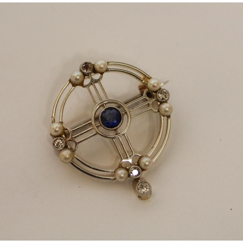 374 - Art Deco sapphire diamond and pearl circular pendant brooch in platinum and gold mount with diamond ... 