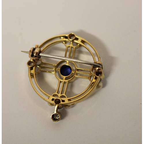 374 - Art Deco sapphire diamond and pearl circular pendant brooch in platinum and gold mount with diamond ... 