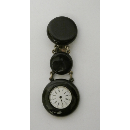 376 - Antique memorial chatelaine style fob watch, in black enamel circular case suspended from two furthe... 