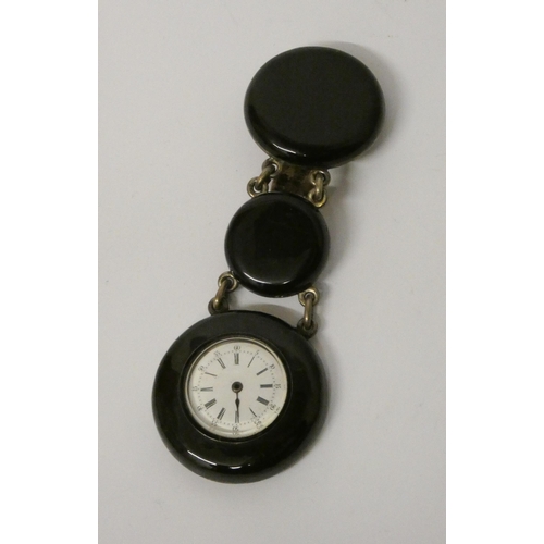 376 - Antique memorial chatelaine style fob watch, in black enamel circular case suspended from two furthe... 