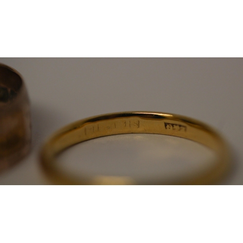 377 - A wide 9ct rose gold antique wedding ring and another yellow gold ring - believed 18ct but marks wor... 