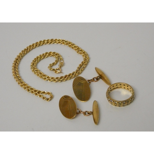 398 - A pair of 9ct yellow gold gents cufflinks, a modern 9ct gold rope twist chain and a 9ct gold eternit... 