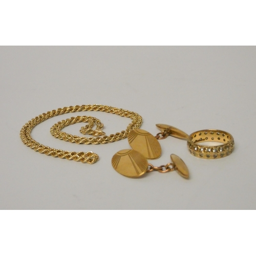 398 - A pair of 9ct yellow gold gents cufflinks, a modern 9ct gold rope twist chain and a 9ct gold eternit... 