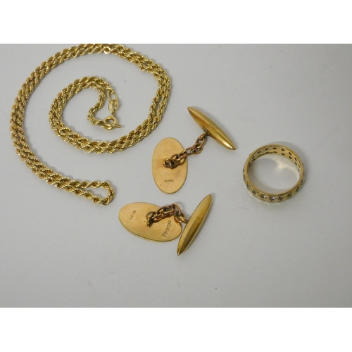 398 - A pair of 9ct yellow gold gents cufflinks, a modern 9ct gold rope twist chain and a 9ct gold eternit... 