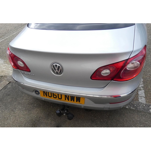 823 - Volkswagen Passat GT CC TDi 170 motor car, 2010, Reg No NU60 NMW, 2 litre diesel saloon car. Keys an... 