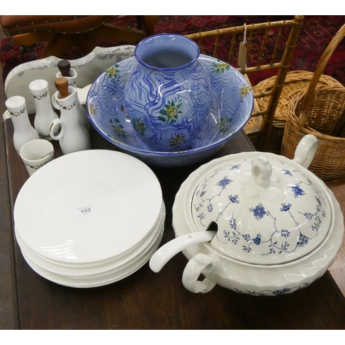 102 - Tiffany & Co blue floral vase, matching bowl, assorted white plates, tureen and condiments