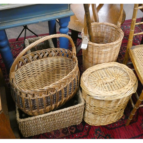 121 - Various wicker baskets and a rabbit head walking stick