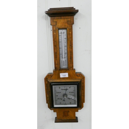 143 - An Art Deco inlaid walnut wall barometer