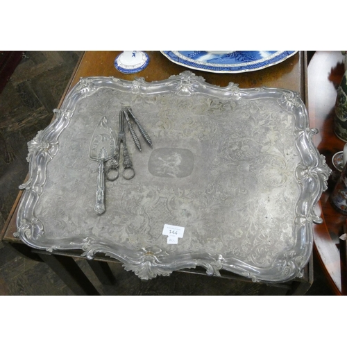 144 - A large 19th century Britannia metal serving tray with unicorn engraved armorial, candlewick trimmer... 