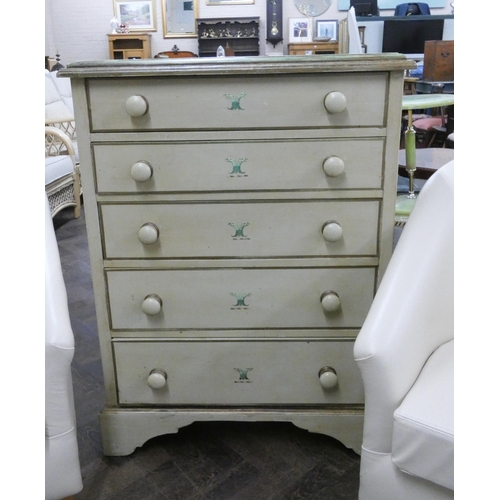 145 - A pine shabby chic painted chest of five drawers with bun handles and painted armorial type decorati... 