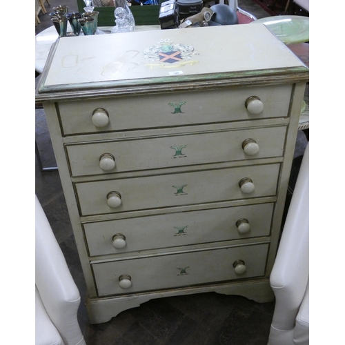 145 - A pine shabby chic painted chest of five drawers with bun handles and painted armorial type decorati... 