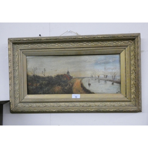 16 - A pair of Victorian gilt framed oil paintings of boating scenes, monogrammed KB, image size 7 1/2