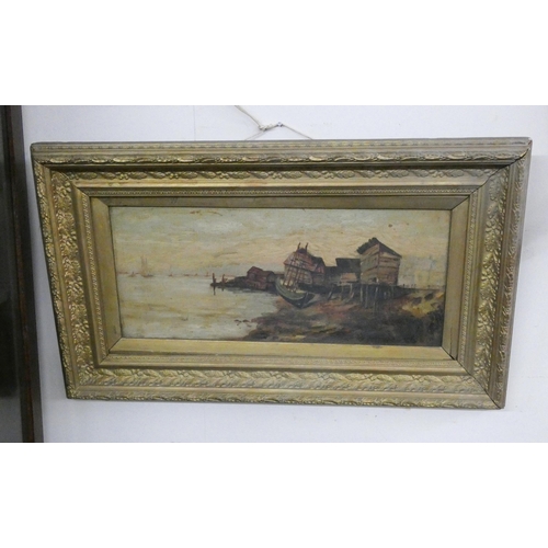 16 - A pair of Victorian gilt framed oil paintings of boating scenes, monogrammed KB, image size 7 1/2