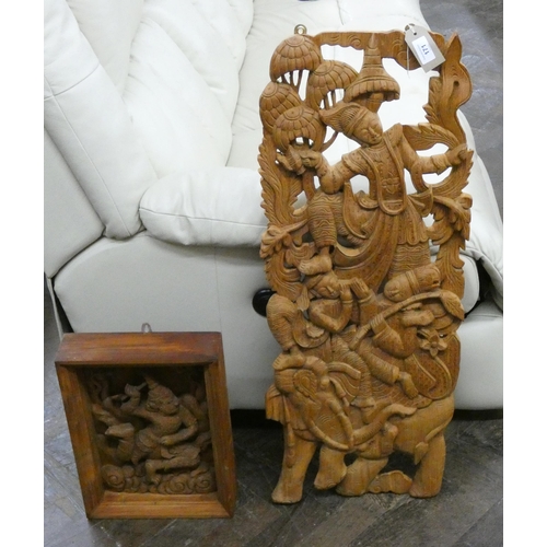 171 - A large carved Thai teak wall plaque and a smaller framed wall panel