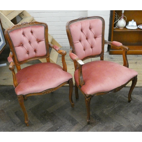 172 - A pair of similar pink upholstered French style bedroom open arm chairs