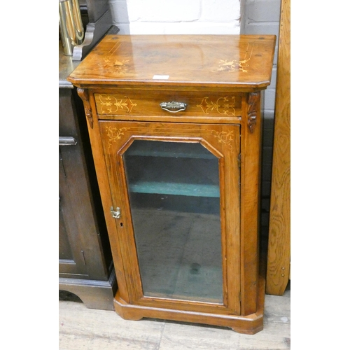 53 - A Victorian inlaid walnut glazed music cabinet fitted one drawer, 21