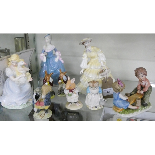 66 - Three Coalport lady figures, five Beatrix Potter ornaments and a Seesaw ornament...