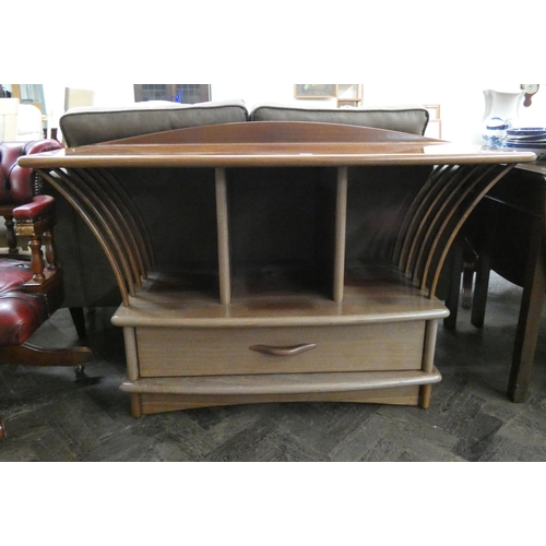 99 - A modern mahogany shaped front television stand with drawer under, 4'6 wide