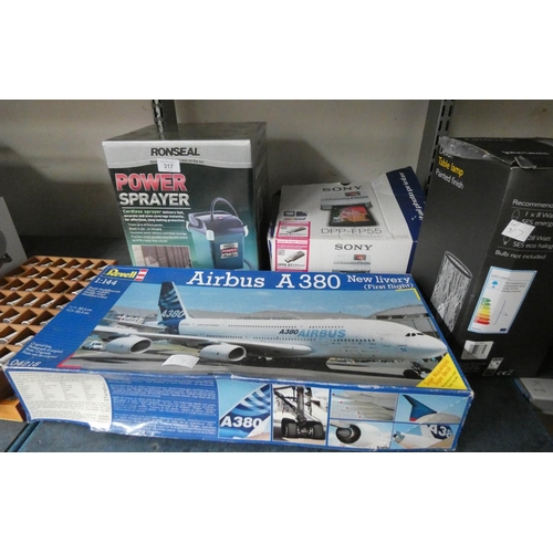 317 - A Ronseal power sprayer, Sony photo printer, Model Airbus 380, table lamp, quantity of thimbles etc