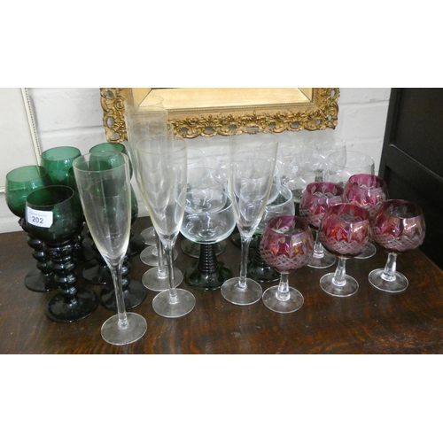 202 - Various coloured and other wine glasses