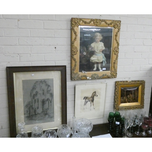 203 - A gilt framed print of a young girl, another of a foal, oak framed etching and a crystoleum in a gil... 