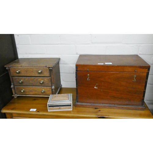 208 - An oak nest of three drawers, Victorian mahogany box and a carved wood trinket box