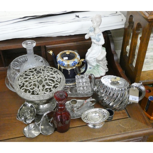 218 - Assorted plated items, china figure ornament, teapot, glassware etc