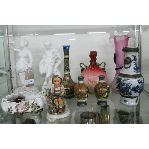 237 - Two Victorian Parian figures, overlaid glass twin handled vase, Gouda pottery, Chinese blue and whit... 