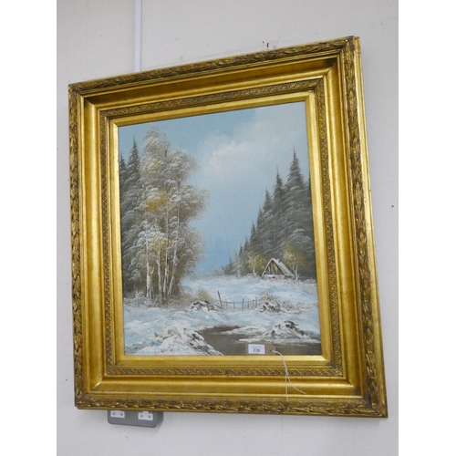 238 - An early 20th century oil on canvas of a snow scene, signed F Whitman