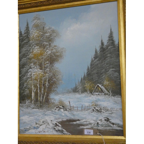 238 - An early 20th century oil on canvas of a snow scene, signed F Whitman