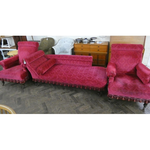 244 - Edwardian chaise longue and two matching armchairs in vintage red fabric with fringe