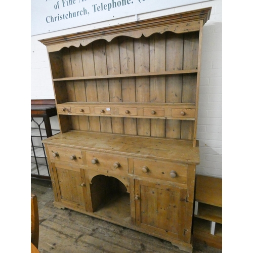 253 - Late Victorian stripped pine dresser with shelf back and spice drawers to the top. 5'6