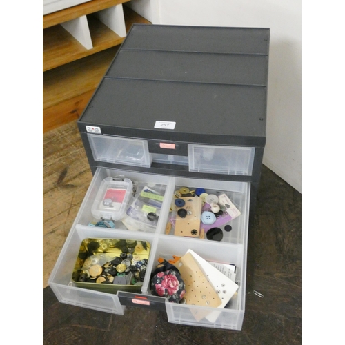 257 - Plastic storage trolley and large quantity of craft and sewing items