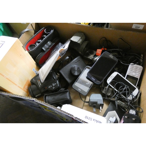 410 - A quantity of cameras, old mobile phones, mostly with chargers, binoculars etc