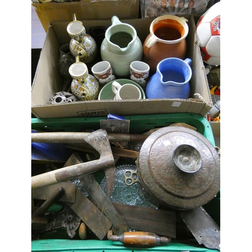 412 - Two large boxes of china vases, plates, old hand tools, glass, copper vase etc