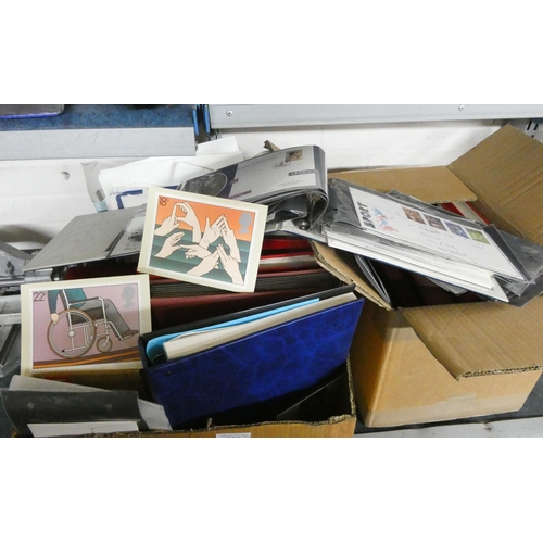 444 - Two large boxes containing stamps, postcards, First Day covers etc