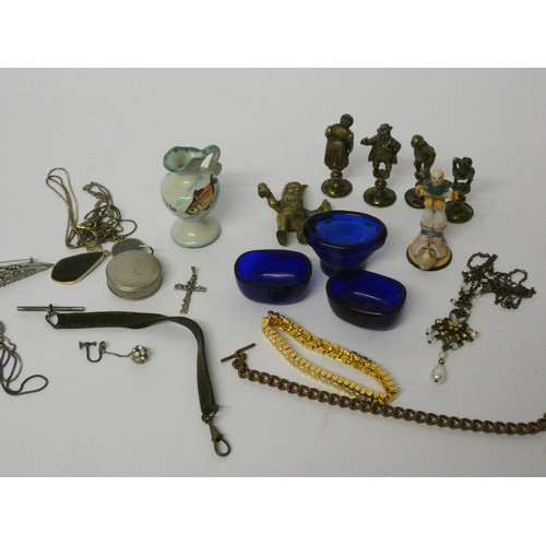 41 - Miniature brass figures, blue glass eye baths, collectable mini tape measure, costume jewellery etc...