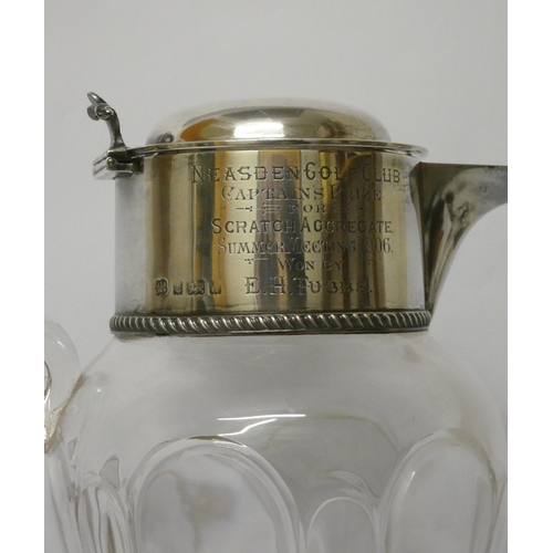 693 - Cut glass and silver mounted claret jug, with inscription Captains Prize Neasden Golf Club 1906, Bir... 