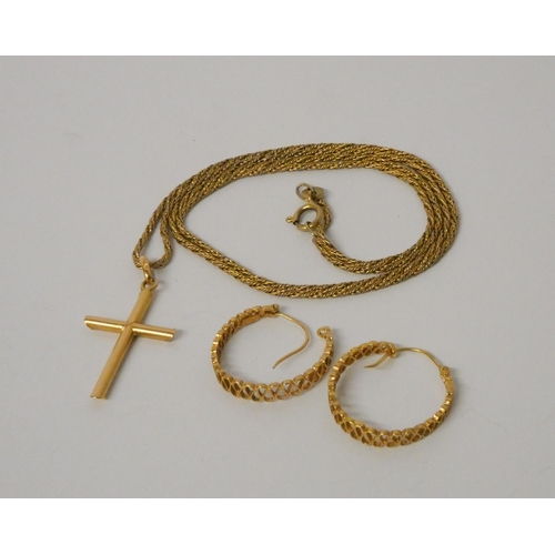 534 - A pair of 9ct gold hoop earrings and a 9ct gold cross pendant on chain. Weight 7.3g