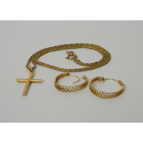 534 - A pair of 9ct gold hoop earrings and a 9ct gold cross pendant on chain. Weight 7.3g