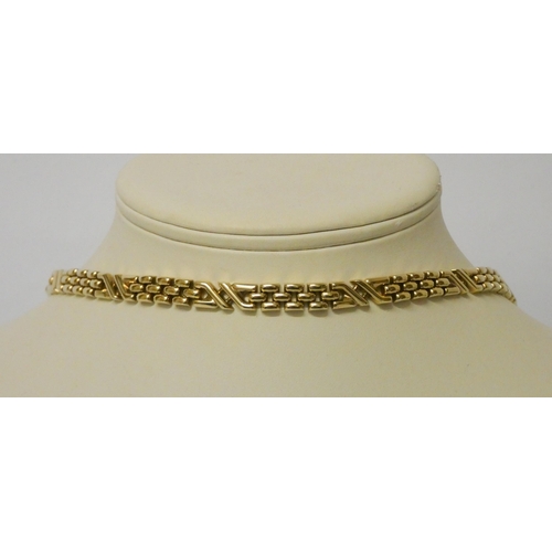 535 - Modern 9ct yellow gold X and brick link chain necklace, box snap clasp with figure 8 safety clasp, w... 