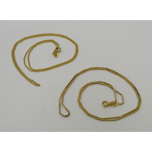 542 - Modern 9ct gold box link chain and a fine 9ct gold chain, gross weight 7.3g.