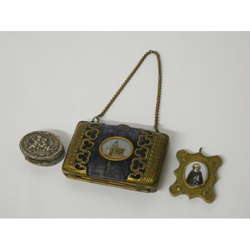 601 - A small Russian devotional icon pendant, a Swedish silver oval pillbox and a  gilt metal mounted vel... 