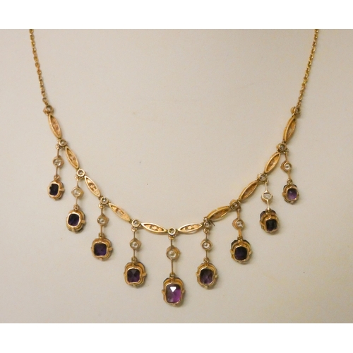 607 - An antique amethyst and white sapphire fringe necklace, in unmarked yellow metal. Gross weight 19.1g... 