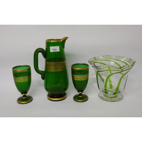 286 - An art glass Art Nouveau trumpet shaped vase and a part lemonade set decorated with a Greek key desi... 